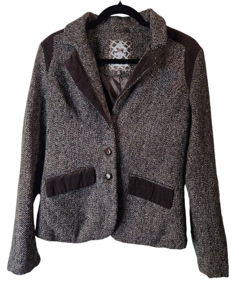 Dollhouse Outerwear Wool Blend Lined Coat Brown Herringbone Velvet Womens Medium